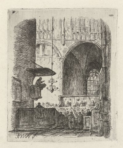 Interno di chiesa con servizio religioso da Adrianus Wilhelmus Nieuwenhuyzen