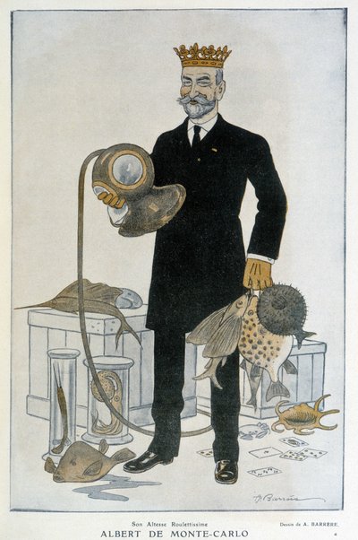 Albert I di Monaco (1848-1922), fondatore del Museo Oceanografico di Monte Carlo - Illustrazione di Adrien Barrere (1877-1931) in Fantasio del 15/04/1914 da Adrien Barrere
