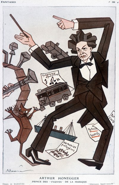 Cartone animato di Arthur Honegger "Principe dei Fauves della Musica", compositore svizzero (1892-1955) - di Barrère, in "Fantasio" del 01/01/1930 da Adrien Barrere
