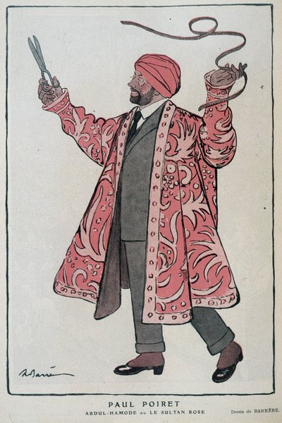 Cartone di Paul Poiret, stilista francese, in Abdul-Hamode o Le Sultan Rose - Illustrazione di Adrien Barrère in Fantasio, 01/12/1919 da Adrien Barrere