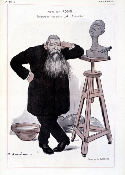 Caricatura dello scultore Auguste Rodin rappresentato nel suo atelier in "Fantasio" da Adrien Barrere