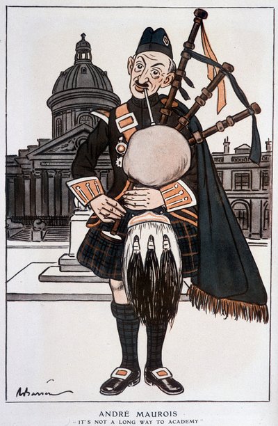 Caricatura in Accademico di André Maurois (pseudonimo di Emile Herzog), romanziere, saggista e storico francese (1885-1967) - di Barrère, in "Fantasio" del 15/04/1929 da Adrien Barrere