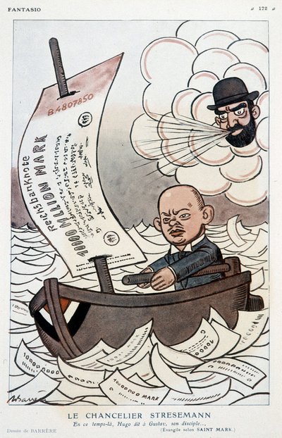 Cartone animato sul Cancelliere tedesco Gustav Stresemann (1878-1929) e la svalutazione del Marco - Illustrazione di Adrien Barrère (1877-1931) in "Fantasio" del 01/11/1923 da Adrien Barrere