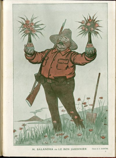 Illustrazione di A Barrere in Fantasio, 01/06/15 - Mr. Salandra o il Buon Giardiniere - Guerra del 14-18, Italia, Vino, Neutralità, Fiori, Eruzioni vulcaniche, Presidente del Consiglio, Trieste - Salandra Antonio da Adrien Barrere