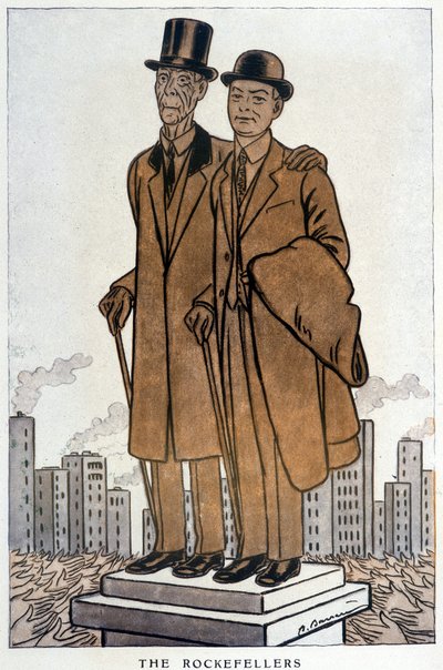 I Rockefeller, senior e junior, cresus americani - Illustrazione di Adrien Barrère (1877-1931) in "Fantasio" del 01/03/1930 da Adrien Barrere
