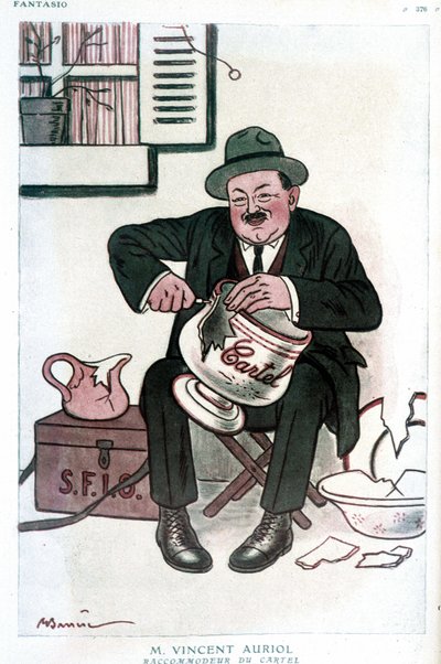 Mr. Vincent Auriol, Cartel Raccommodeur: disegno umoristico su Vincent Auriol (1884-1938), sulla SFIO e il Cartel des gauche. Disegno di A. Barrere - in “Fantasio” del 15/02/1929 da Adrien Barrere