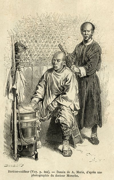 Un barbiere ambulante in piena attività, incisione per illustrare il viaggio a Pechino e nel Nord della Cina, 1873, di T. Choutze da Adrien Emmanuel Marie