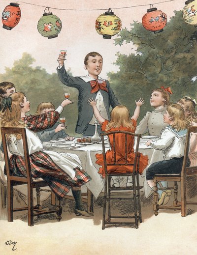 Un giovane ragazzo fa un discorso, bambini che brindano, illustrazione di Adrien Marie nel libro Tout a la joie di Zari, pubblicazione Emile Guerin 1890 da Adrien Emmanuel Marie