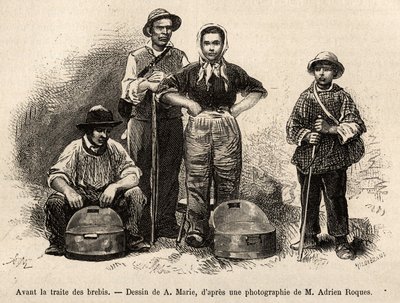 Prima del commercio delle pecore, tutto il personale della fattoria era impiegato in questo compito, ragazzo, servitore, sotto la supervisione del pastore, il latte veniva raccolto nelle seilles (vasi di metallo stagnato), incisione da un disegno di A.Mari da Adrien Emmanuel Marie