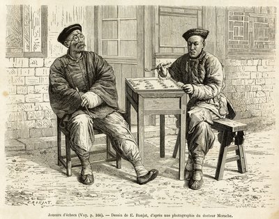 Giocatori di scacchi. Incisione dal disegno di A. Marie, per illustrare il viaggio a Pechino e nel Nord della Cina, di T. Choutze, nel 1873, pubblicato in "Le tour du monde" 1876, a cura di Edouard Charton, edizione Hachette, Parigi. Collezione Selva. da Adrien Emmanuel Marie