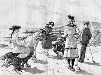 Bambini che giocano a croquet sulla spiaggia. Incisione di Adrien Marie in 