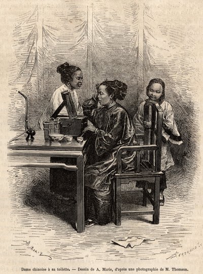 Signora cinese si fa la toilette. Incisione dal disegno di A. Marie, per illustrare il viaggio a Pechino e nel Nord della Cina, di T. Choutze, nel 1873, pubblicato in "Le tour du monde" 1876, a cura di Edouard Charton, edizione Hachette, Parigi. Collezione da Adrien Emmanuel Marie