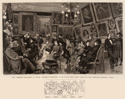 La Comédie Française a casa, schizzi di ritratti dal vivo nella sala verde del Théâtre Français, Parigi da Adrien Emmanuel Marie