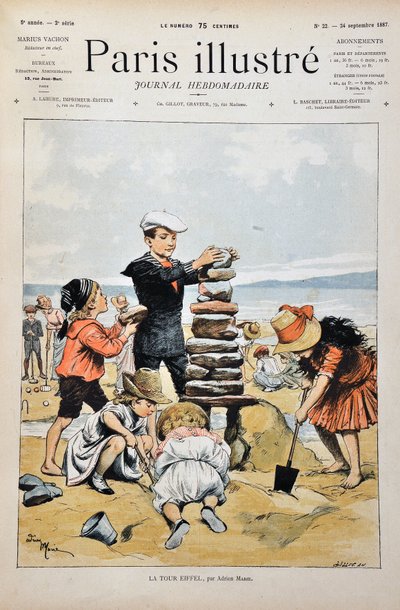 La Torre Eiffel Un gruppo di bambini che giocano su una spiaggia e realizzano una replica della Torre Eiffel con pietre e sabbia. Illustrazione di Adrien Marie (1848-1891). Incisione del 1887 in 
