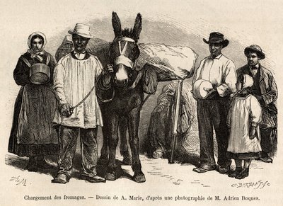 Il carico dei formaggi sul dorso di un mulo, verso le cantine di Roquefort, incisione dopo un disegno di A.Marie, illustrante un viaggio a Roquefort e dintorni, di Adrien Roques e Jules Charton, nel 1874, pubblicato in 