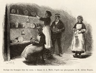 La raschiatura e la cucitura dei formaggi, incisione da un disegno di A.Marie, illustrando un viaggio a Roquefort e dintorni da Adrien Emmanuel Marie