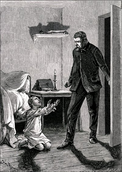 Il bambino spia: Un bambino si getta ai piedi del padre in collera per chiedere perdono (acquaforte) da Adrien Emmanuel Marie