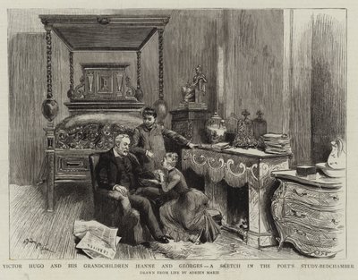 Victor Hugo e i suoi nipoti Jeanne e Georges, uno schizzo nello studio-camera del poeta da Adrien Emmanuel Marie