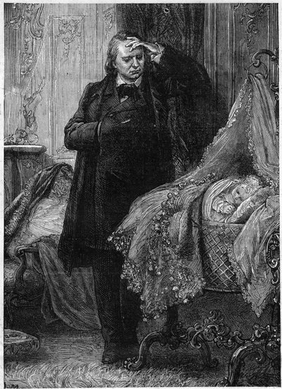 Victor Hugo osserva un bambino che dorme nella sua culla. Illustrazione di 