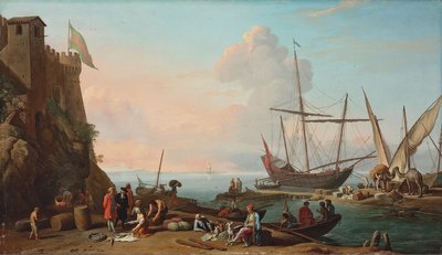 Un porto mediterraneo con scaricatori che scaricano le loro navi, figure che vendono pesce in primo piano vicino a una fortezza da Adrien Manglard