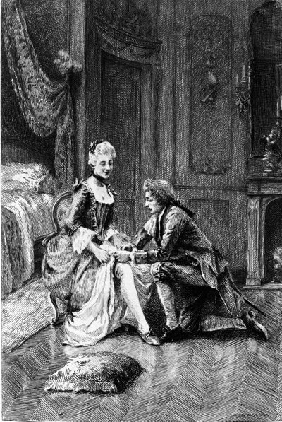 Incisione di Adrien Moreau (1843-1906) che illustra "Candido" di Francois Marie Arouet detto Voltaire (1694-1778). da Adrien Moreau