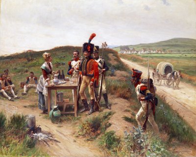 Soldati presso una giovane venditrice al mercato durante una sosta da Adrien Moreau