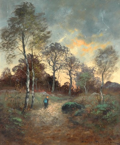 Figura che cammina attraverso un bosco da Adrien Rousseau