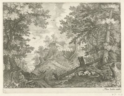 Paesaggio boschivo con due cacciatori e un cane da Egidius  Sadeler (II)