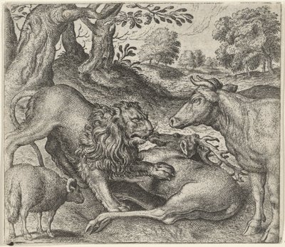 Favola del leone, della mucca e della pecora a caccia da Egidius  Sadeler (II)