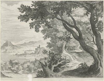 Paesaggio con due figure sotto un albero da Egidius  Sadeler (II)