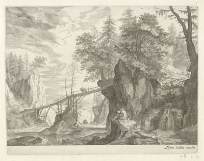 Disegnatore seduto su una pietra davanti a un ponte da Egidius  Sadeler (II)