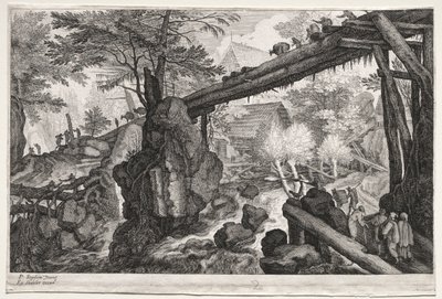 Otto paesaggi boemi: Paesaggio con ponte di tronchi su una cascata, c. 1610-1615 da Aegidius Sadeler or Saedeler