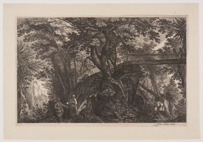 Una foresta con un ponte di legno sulla destra, da Otto scene di Boemia da Aegidius Sadeler II