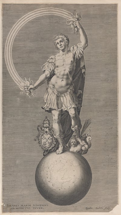 Figura allegorica di un guerriero in piedi su un globo con lo stemma papale, ca. 1588-1629 da Aegidius Sadeler II