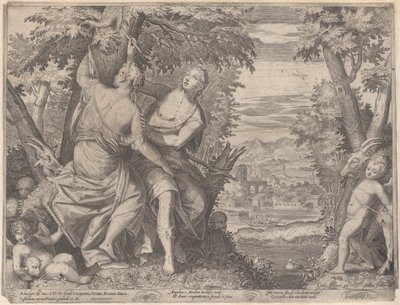 Angelica e Medoro, accanto a un ruscello mentre Medoro incide i loro nomi da Aegidius Sadeler II