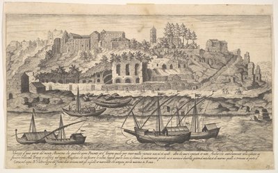 Tavola 21: veduta da ovest delle rovine del Colle Aventino, Roma, con barche sul fiume, 1606 da Aegidius Sadeler II