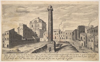 Vista della colonna di Traiano, con il piedistallo scavato dalla terra da Aegidius Sadeler II