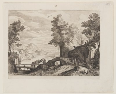 Paesaggio fluviale con ponte di pietra e ponte di legno da Aegidius Sadeler II