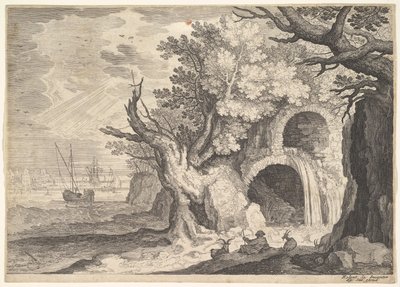 Acquedotto in rovina con acqua che scorre in un ruscello sottostante, navi in mare oltre da Aegidius Sadeler II