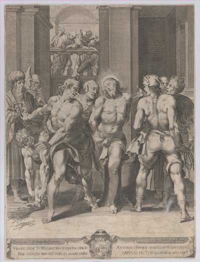 La flagellazione di Cristo, con flagellatori su entrambi i lati e figure che osservano da un balcone, 1593 da Aegidius Sadeler II