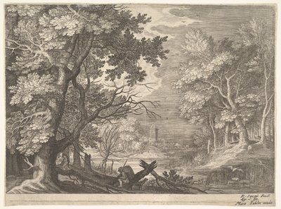 Scena boschiva con rive paludose, due uomini e un cane in profilo a sinistra, ca. 1600 da Aegidius Sadeler II