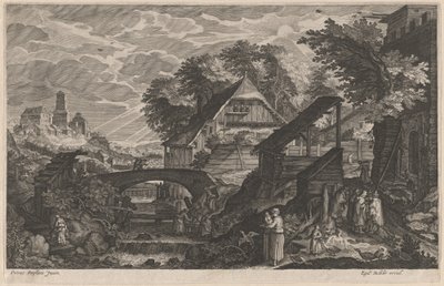 Case di Campagna lungo un Fiume con una Città sullo Sfondo da Aegidius Sadeler II after Pieter Stevens