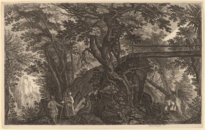 Paesaggio forestale con due uomini e una donna che riposano vicino a un ponte da Aegidius Sadeler II after Pieter Stevens