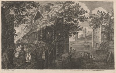 Gondole su un fiume vicino a un palazzo da Aegidius Sadeler II after Pieter Stevens