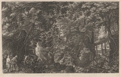 Cacciatori in una foresta vicino a un ponte di legno da Aegidius Sadeler II after Pieter Stevens