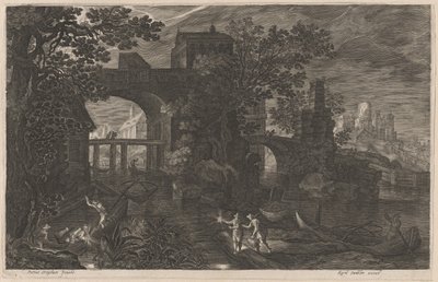 Pesca notturna vicino a ponti fortificati da Aegidius Sadeler II after Pieter Stevens