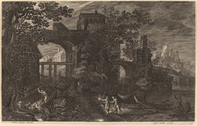 Paesaggio Notturno con Pescatori sul Fiume fuori dalle Mura della Città da Aegidius Sadeler II after Pieter Stevens