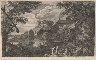 Paesaggio fluviale con pescatori vicino a una città fortificata da Aegidius Sadeler II after Pieter Stevens
