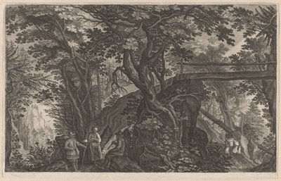 Viaggiatori che Riposano in una Foresta di Montagna vicino a un Ponte di Tronchi da Aegidius Sadeler II after Pieter Stevens