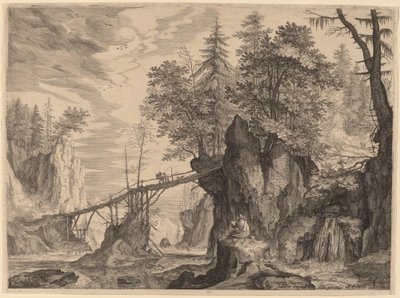 Disegnatore su una pietra davanti a un ponte da Aegidius Sadeler II after Roelandt Savery